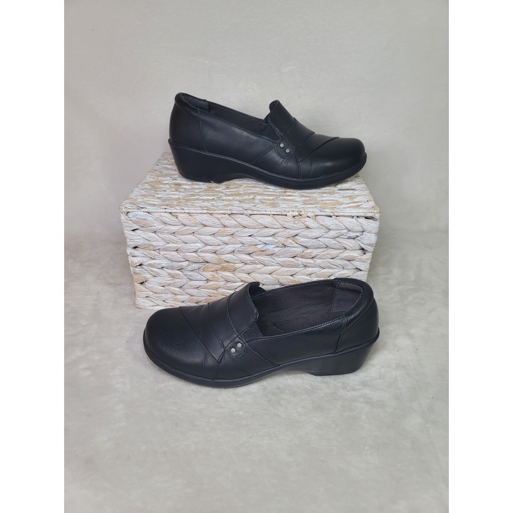 Clarks Dark Acadamia Black Leather Slip On Wedge Loafers Comfy Shoes Size 9M